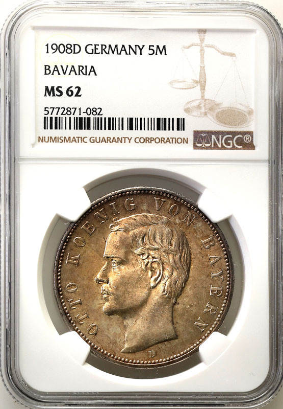 Niemcy, Bawaria. 5 marek 1908 D, Monachium NGC MS62